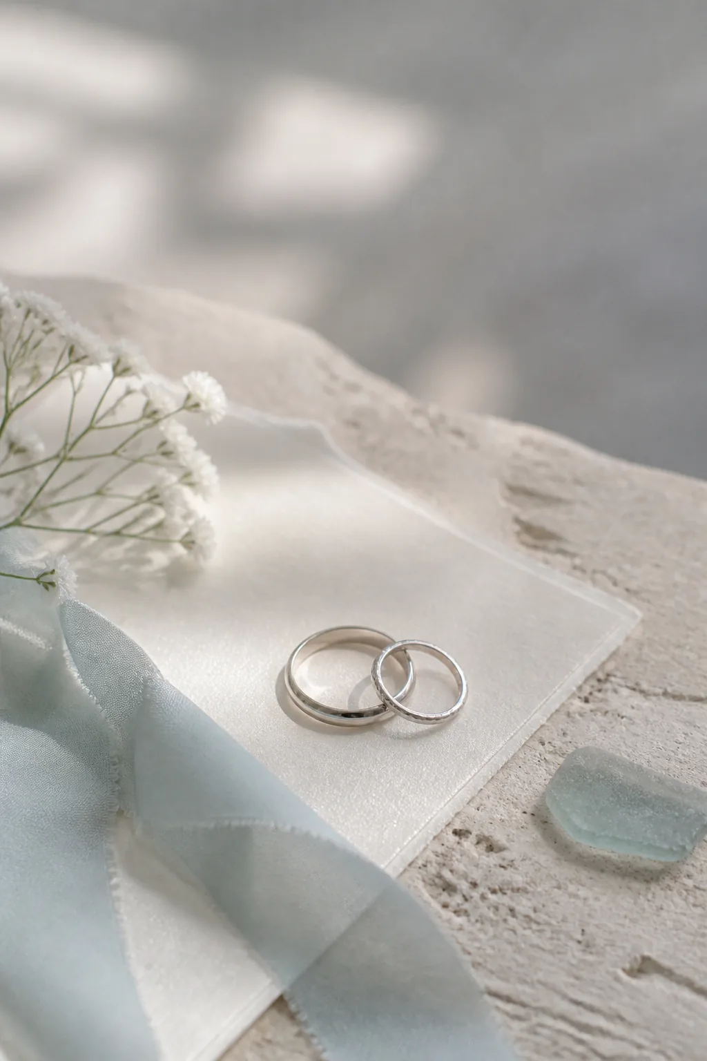Silver wedding rings with sea-glass details