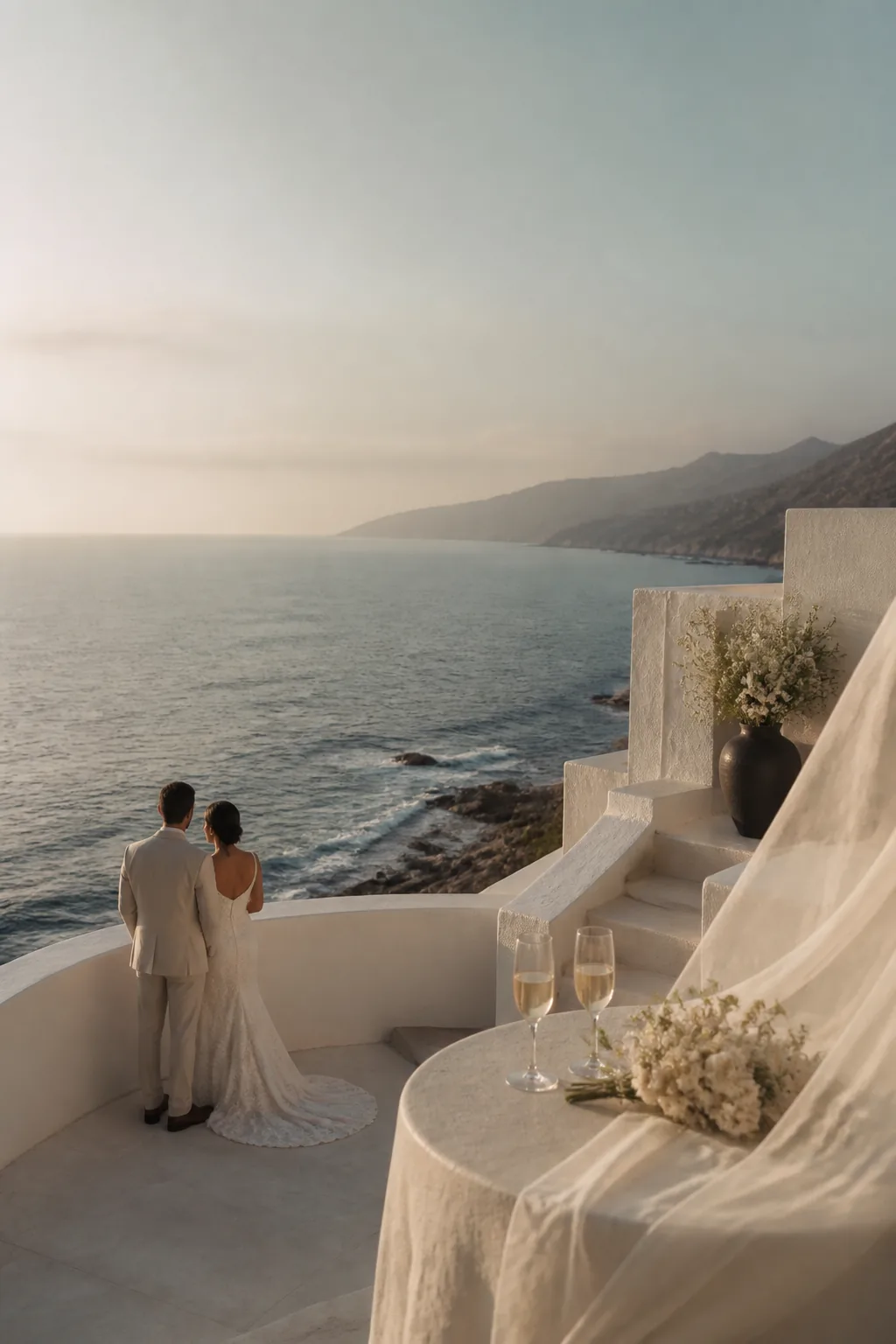 A fictional couple overlooking the Pacific from a white stone terrace
